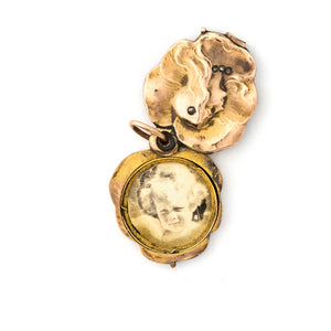 9K Gold Petite Pansy Antique Portrait Locket, open view, locket slides open to show pictures or photos