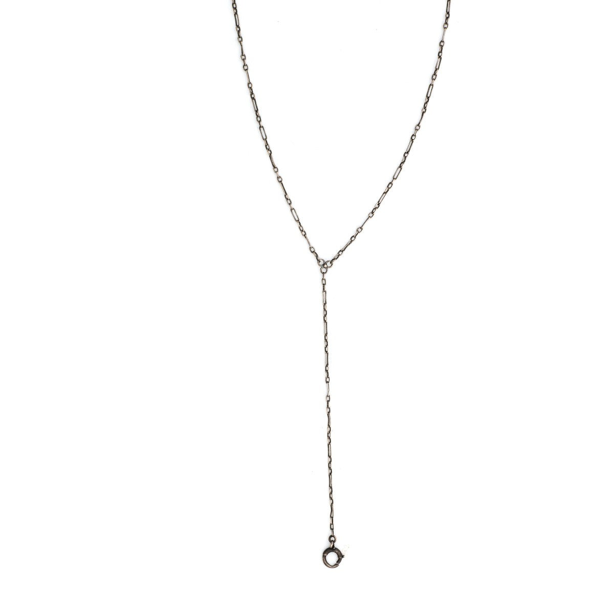 Silver Fancy Link Antique Lariat Chain, sterling silver Victorian era Lariat, for holding charms, fobs or lockets, close up view