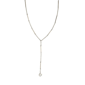 This elegant Victorian lariat chain is crafted in solid 10K white gold and with finely striped bar links alternating with a fine round cable chain. It is 28" in length with a 3.5" extension. It is crafted classic Victorian lariat chain pairs beautifully with one of our vintage lockets or charms. Close up view, showing lariat