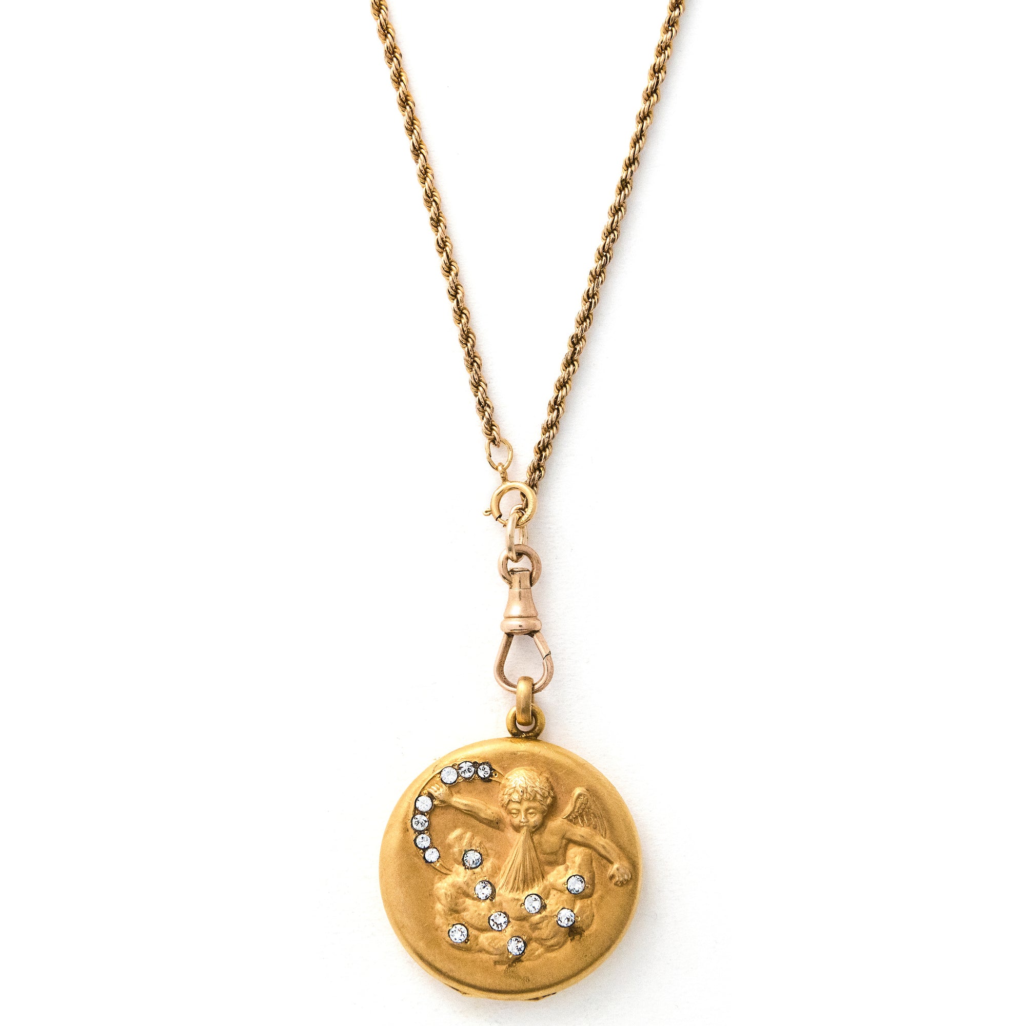 Front view of cupids breath antique locket, gold fill with victorian paste stones, cupid with wings
