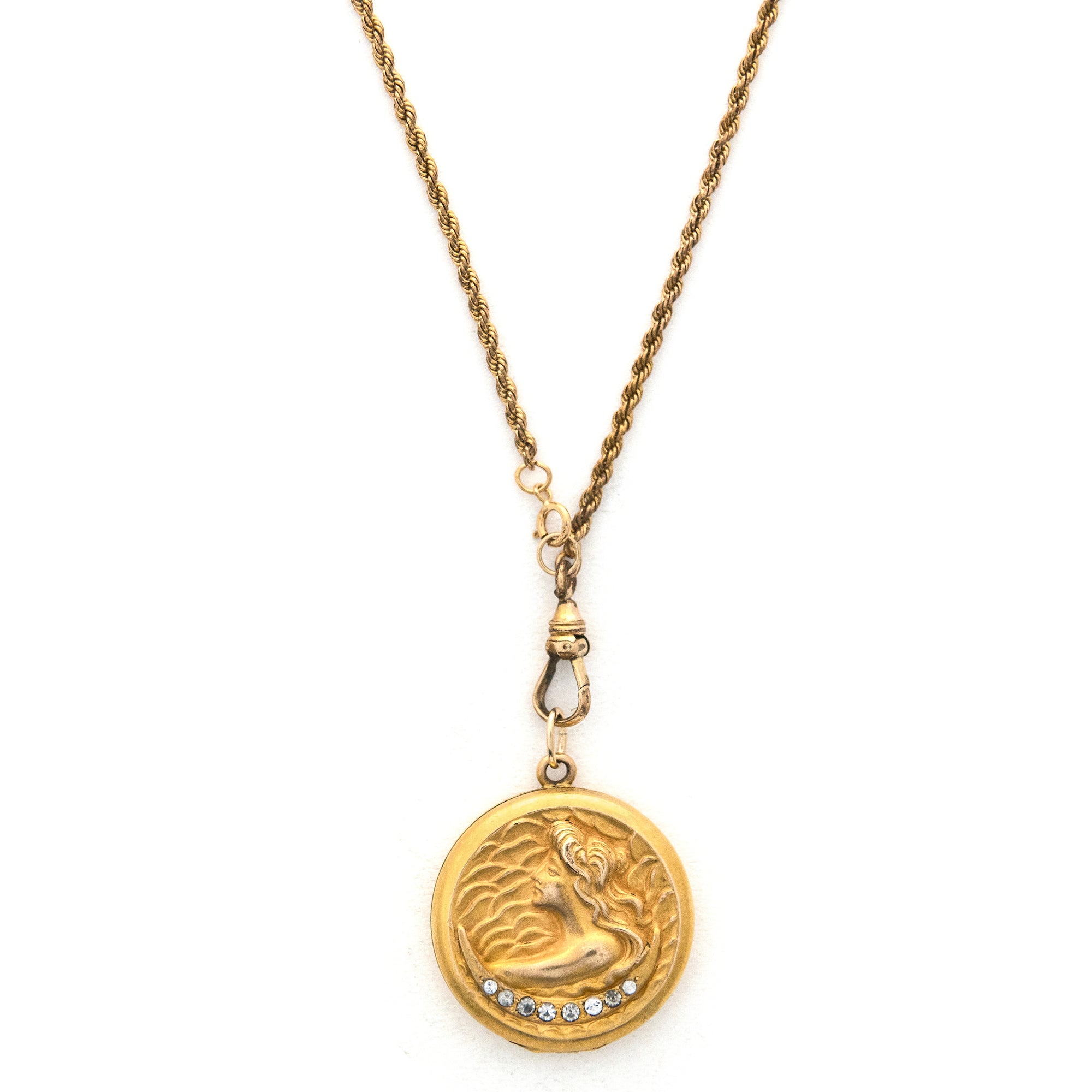 Tidal Goddess Antique Locket, gold fill locket with white paste stone crescent moon and woman in profile with waves, perfect for holding pictures and photos, front view