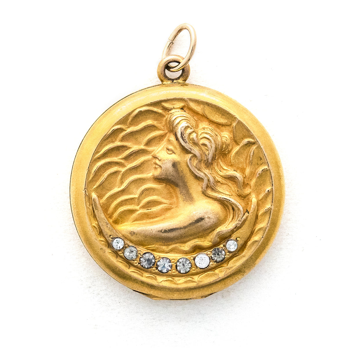 Tidal Goddess Antique Locket, gold fill locket with white paste stone crescent moon and woman in profile with waves, perfect for holding pictures and photos, front view