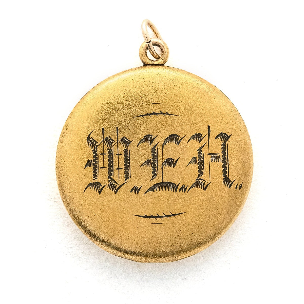 Bubble Fairy antique locket, back view, monogram intials WEH inscribed on back