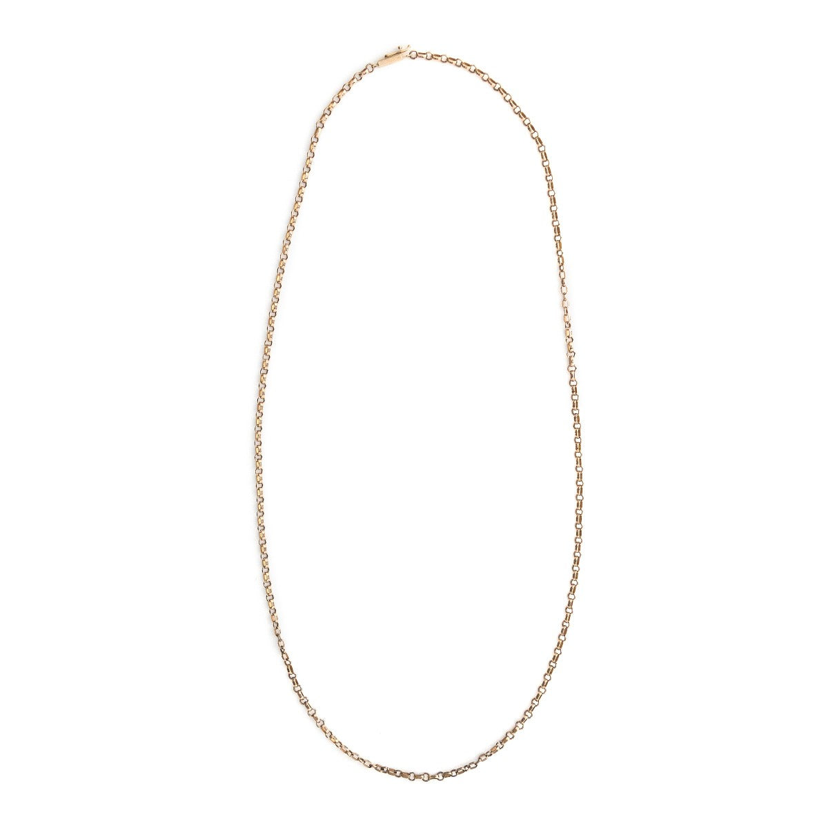 This Victorian cable chain is crafted from rosy 14K gold in a versatile 25" length, and features a barrel clasp.  Paired with one of our antique gold lockets or worn on its own, this necklace will be treasured for generations to come. Close up view showing clasp
