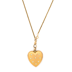 Matte Twinkle Heart Antique Locket, gold fill with white paste stones, perfect for holding pictures and photographs, front view, shown on antique gold fill watch chain