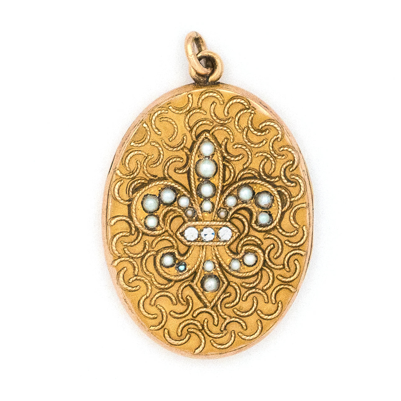 Oval Pearl Fleur De Lis Antique Locket, beautiful gold fill and pearl locket, perfect for holding pictures and photos, front view