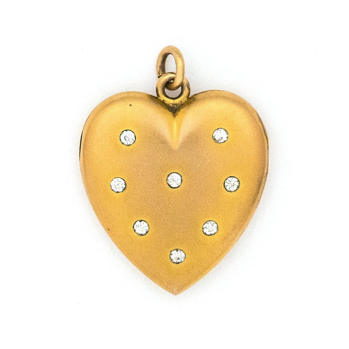 Matte Twinkle Heart Antique Locket, gold fill with white paste stones, perfect for holding pictures and photographs, front view