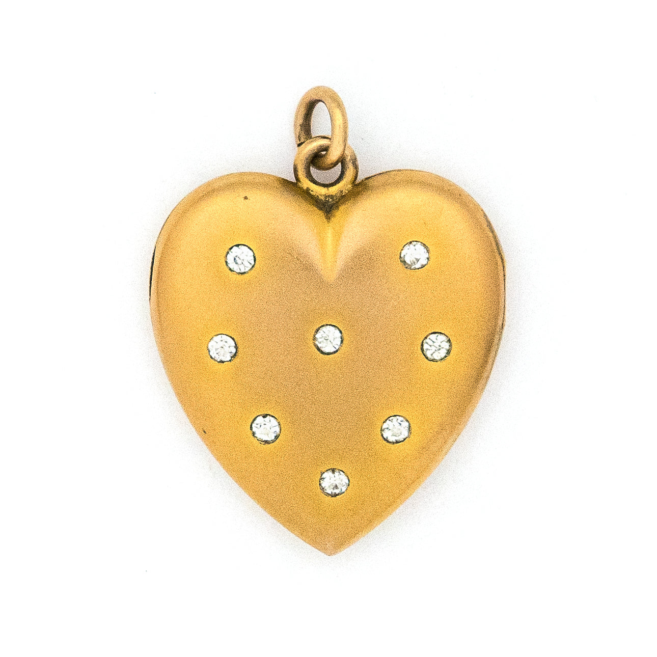 Matte Twinkle Heart Antique Locket, gold fill with white paste stones, perfect for holding pictures and photographs, front view