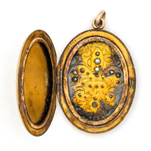 Oval Pearl Fleur De Lis Antique Locket, beautiful gold fill and pearl locket, perfect for holding pictures and photos, open locket view, shows original locket frames