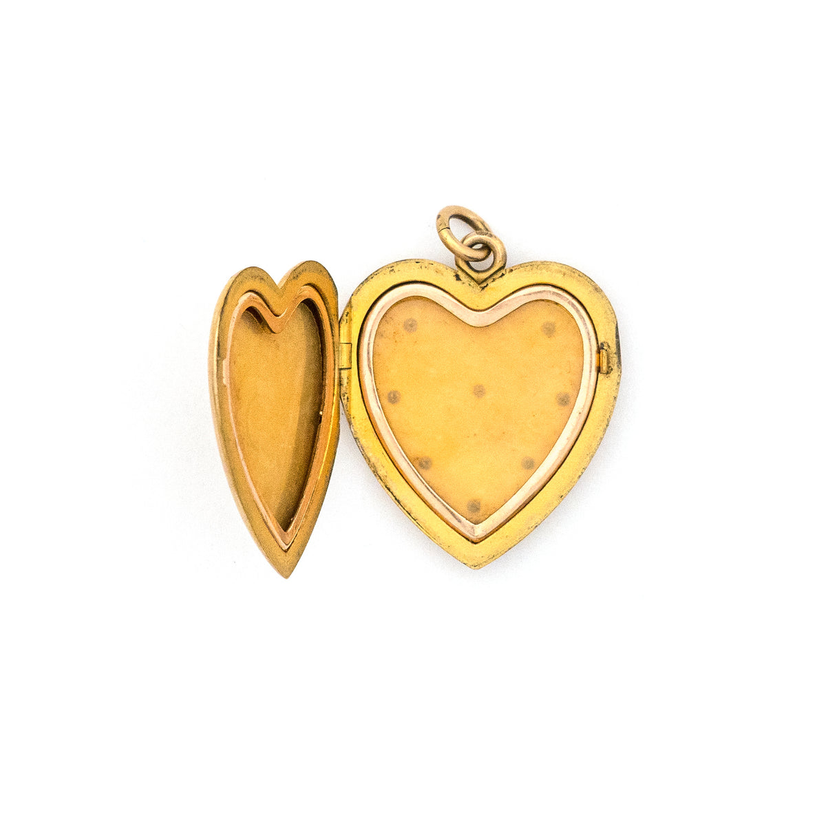 Matte Twinkle Heart Antique Locket, gold fill with white paste stones, perfect for holding pictures and photographs, open locket view, shows beautiful heart shaped frames, original frames