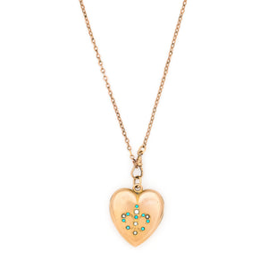 Pearl & Turquoise Heart Antique Locket, gold fill heart locket, for holding pictures and photos, front view, shown on antique gold fill watch chain