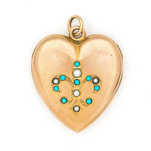 Pearl & Turquoise Heart Antique Locket, gold fill heart locket, for holding pictures and photos, front view