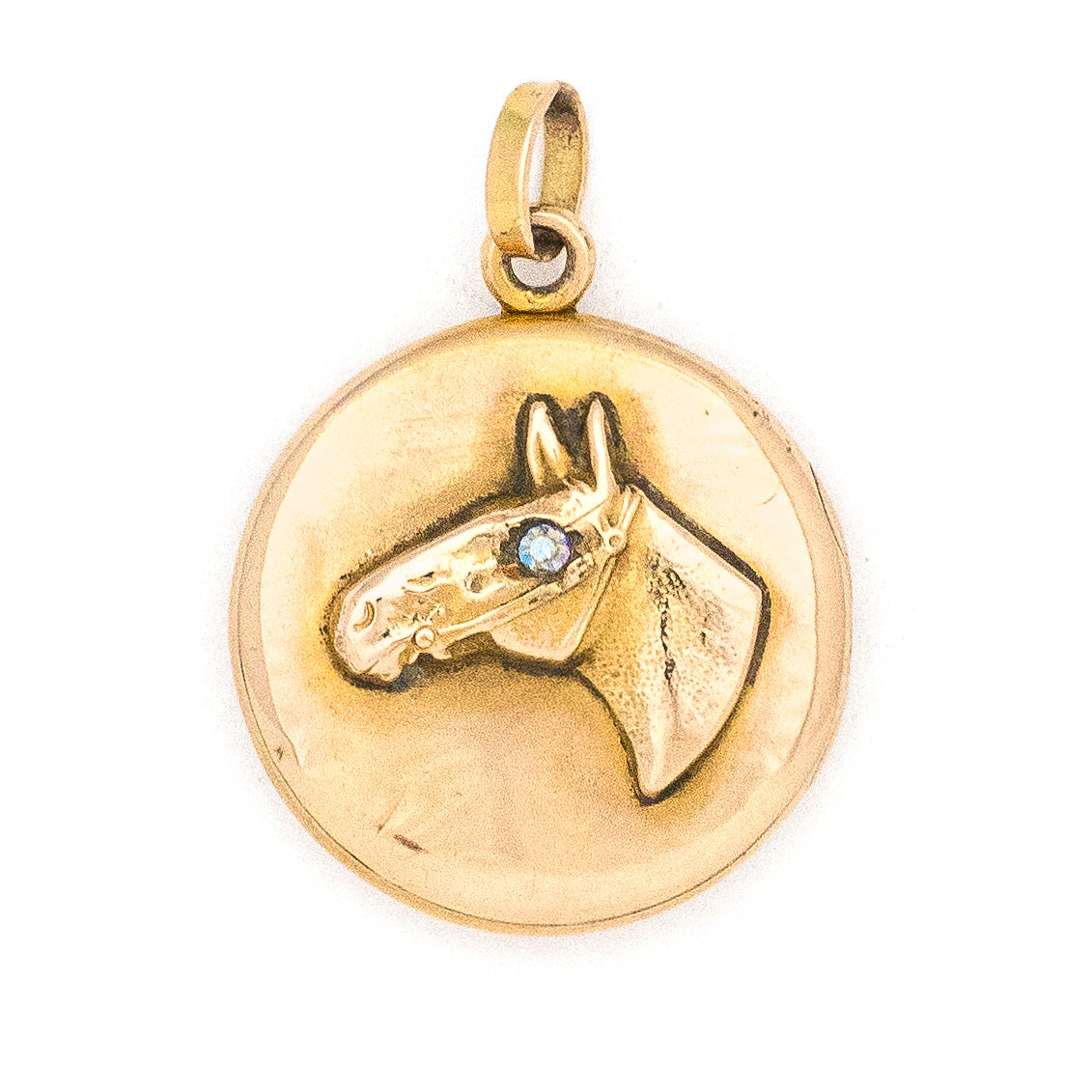 10K Gold Horse's Eye Antique Locket, lustrous 10k gold locket with opal for horses eye, perfect for holding pictures or photos, front view