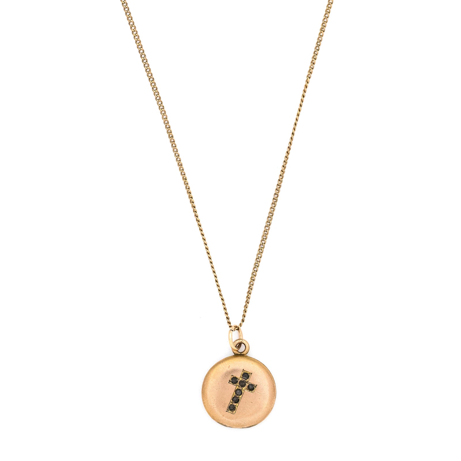 Petite Cross Antique Locket, gold fill small antique locket with black stones, perfect for holding pictures or photos, front view