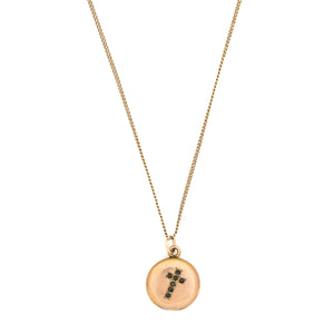 Petite Cross Antique Locket, gold fill small antique locket with black stones, perfect for holding pictures or photos, front view, shown on antique gold fill curb chain