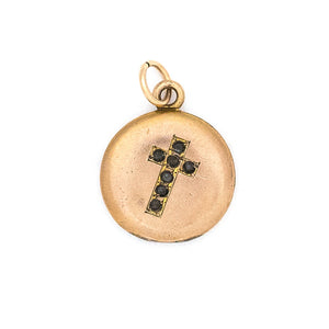 Petite Cross Antique Locket, gold fill small antique locket with black stones, perfect for holding pictures or photos, front view