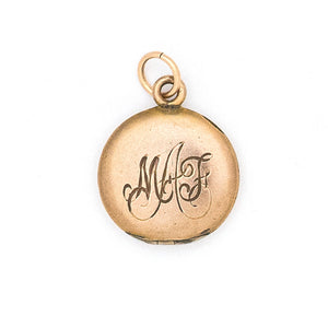 Petite Cross Antique Locket, gold fill small antique locket with black stones, perfect for holding pictures or photos, back locket view, shows monogrammed inscription M A F