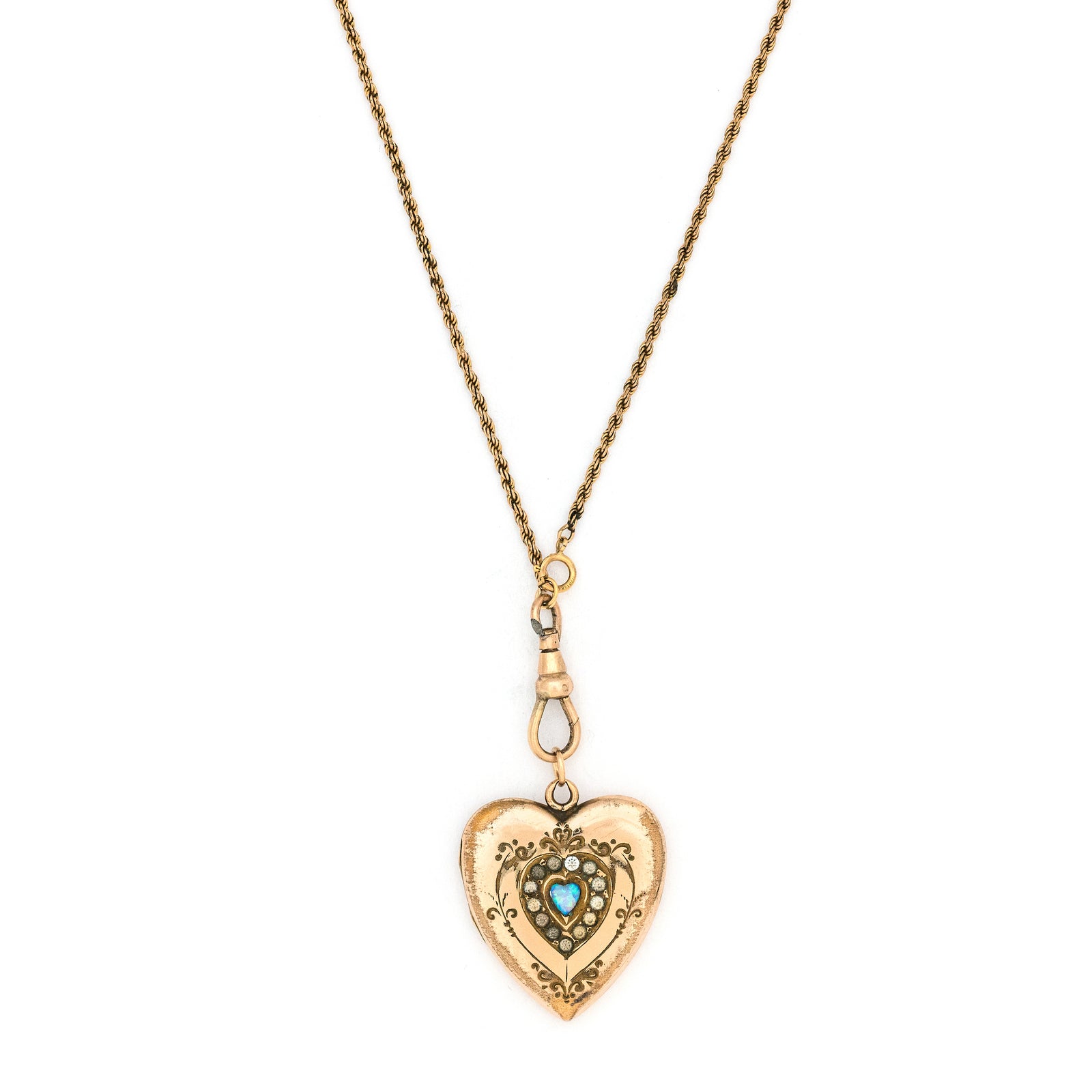 Opal Heart Antique Locket, heart shaped gold fill locket with white paste stones and heart shaped opal at center, perfect for holding pictures and photos, front view