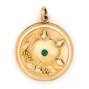 Wild Berry Art Nouveau Antique Locket, gold fill locket with white and green paste stones, perfect for holding pictures and photos, front view