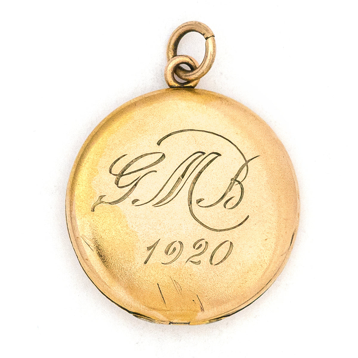 Wild Berry Art Nouveau Antique Locket, gold fill locket with white and green paste stones, perfect for holding pictures and photos, back view, shows monogrammed inscription, G M B 1920