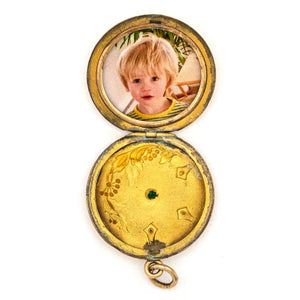 Wild Berry Art Nouveau Antique Locket, gold fill locket with white and green paste stones, perfect for holding pictures and photos, open locket view, shows original locket frame