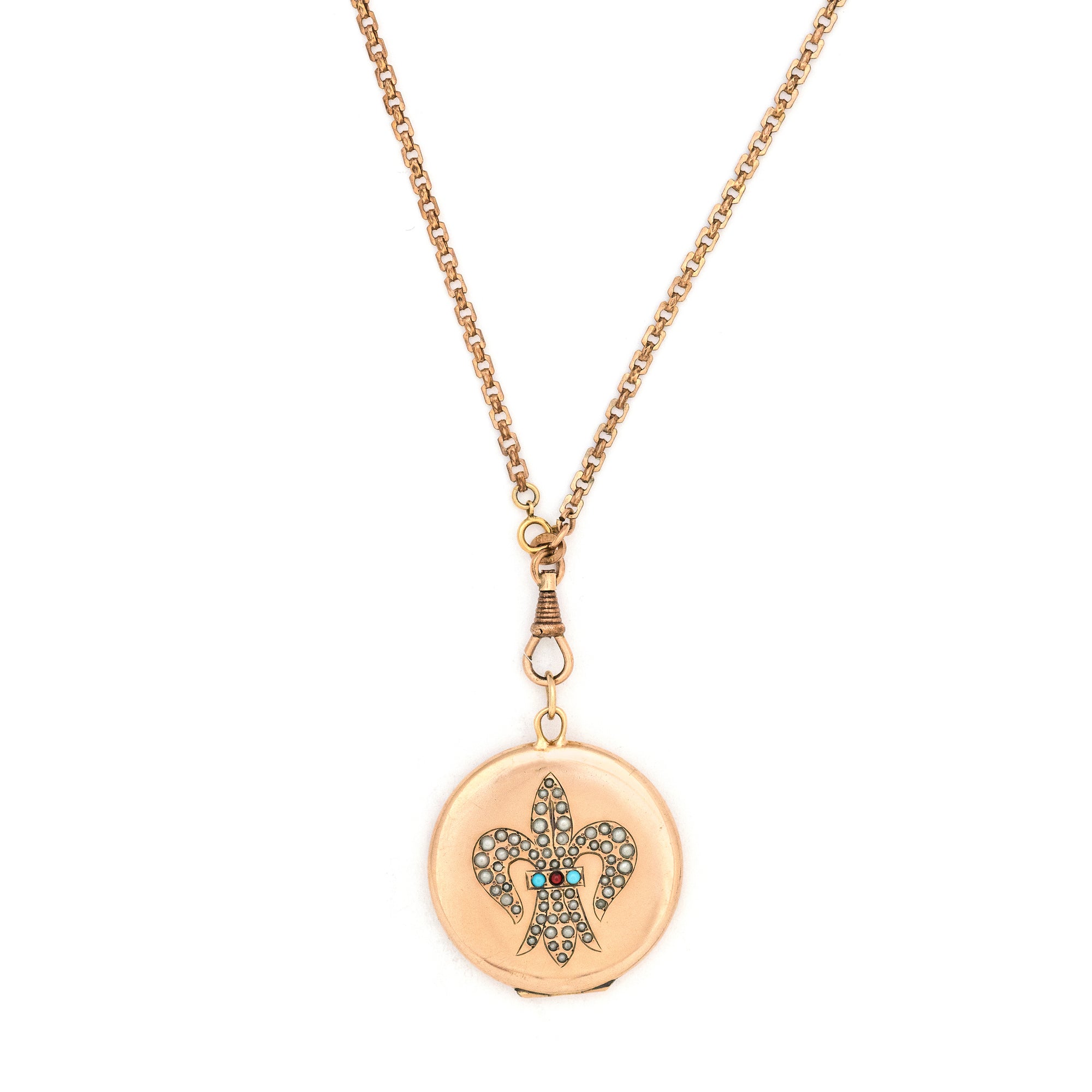 Turquoise & Pearl Fleur De Lis Antique Locket, gold fill locket perfect for holding pictures and photos, front view