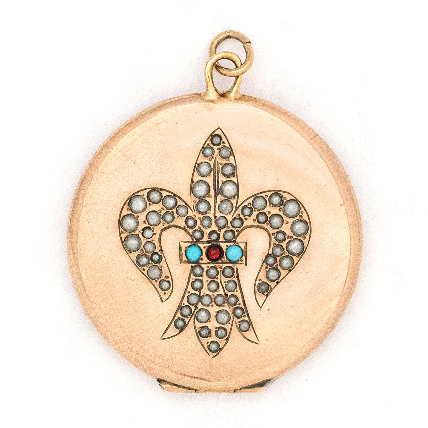 Turquoise & Pearl Fleur De Lis Antique Locket, gold fill locket perfect for holding pictures and photos, front view