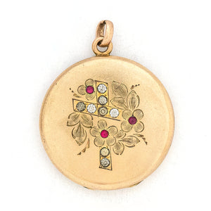 Pink Floral Cross Antique Locket, gorgeous gold fill locket, religious cross surrounded by flowers with pink and white paste stones, perfect for holding pictures and photos, front locket view