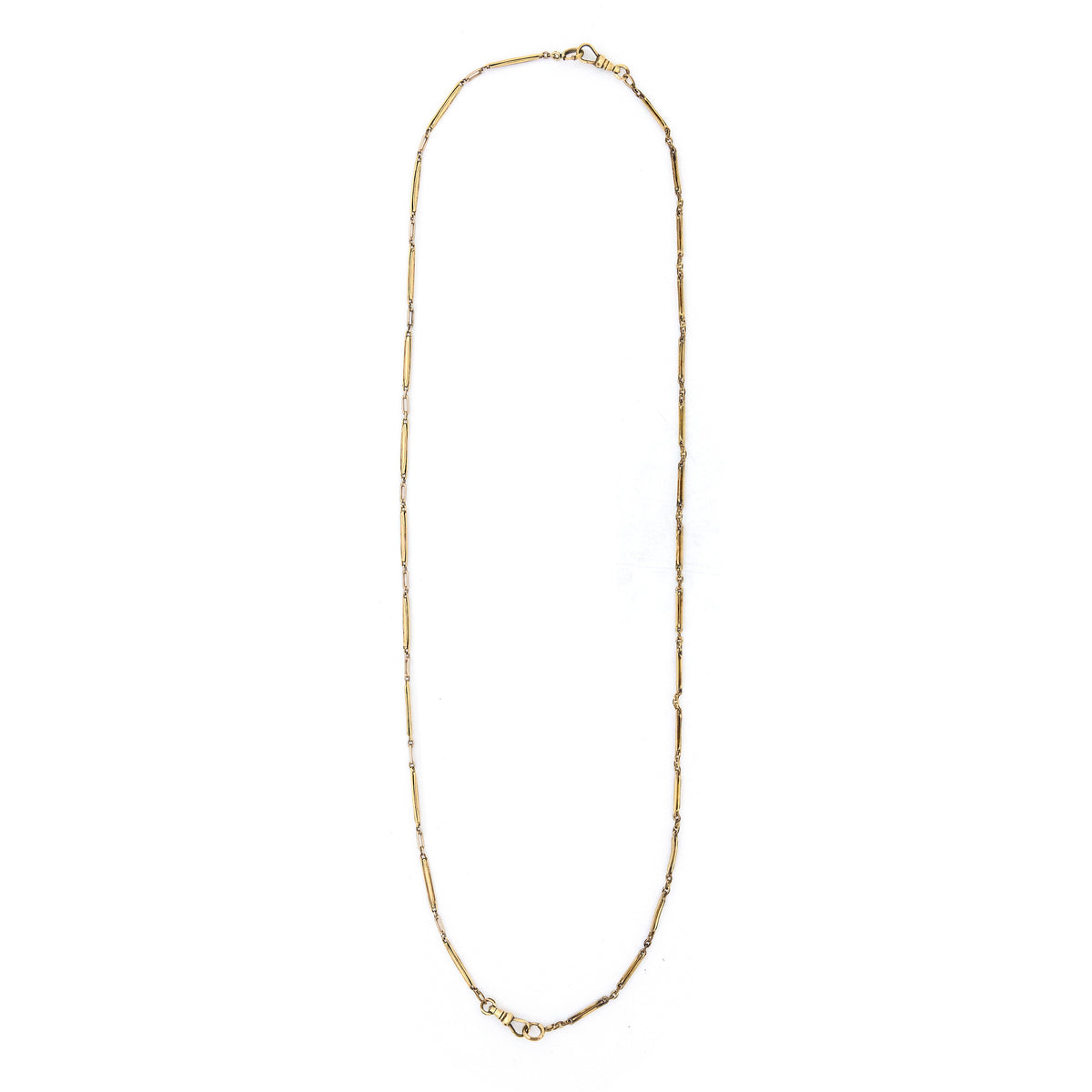 This substantial gold fill antique bar link watch chain features two complimentary 14" watch chains connected to make the perfect 28" piece. This versatile chain can be worn alone, with charms or a locket, or layered with other chains for a bold statement. Full view