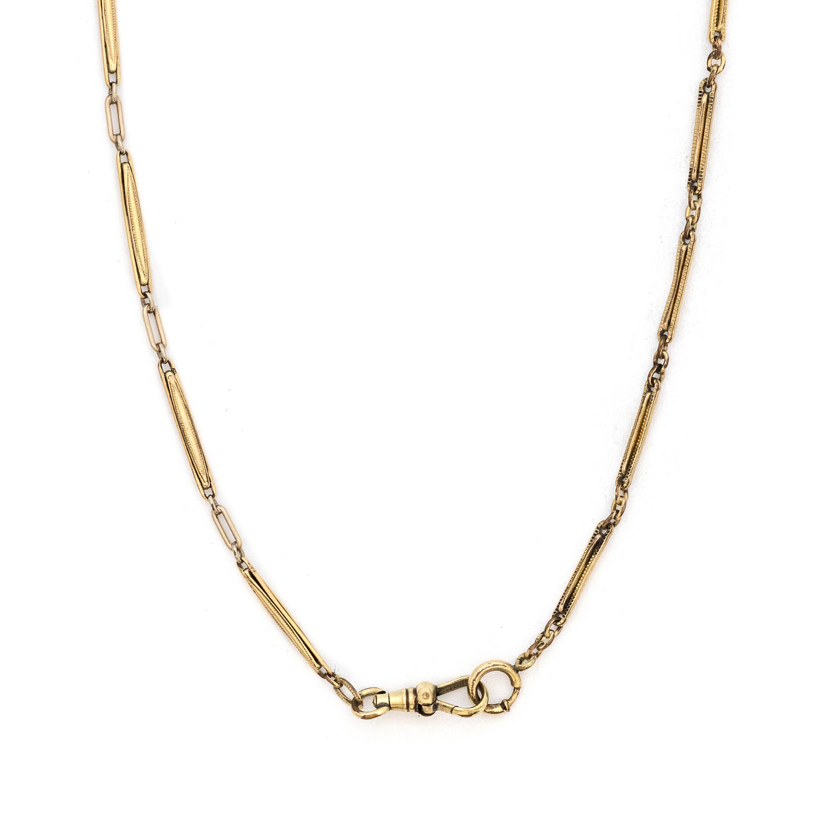 This substantial gold fill antique bar link watch chain features two complimentary 14" watch chains connected to make the perfect 28" piece. This versatile chain can be worn alone, with charms or a locket, or layered with other chains for a bold statement. Close up view