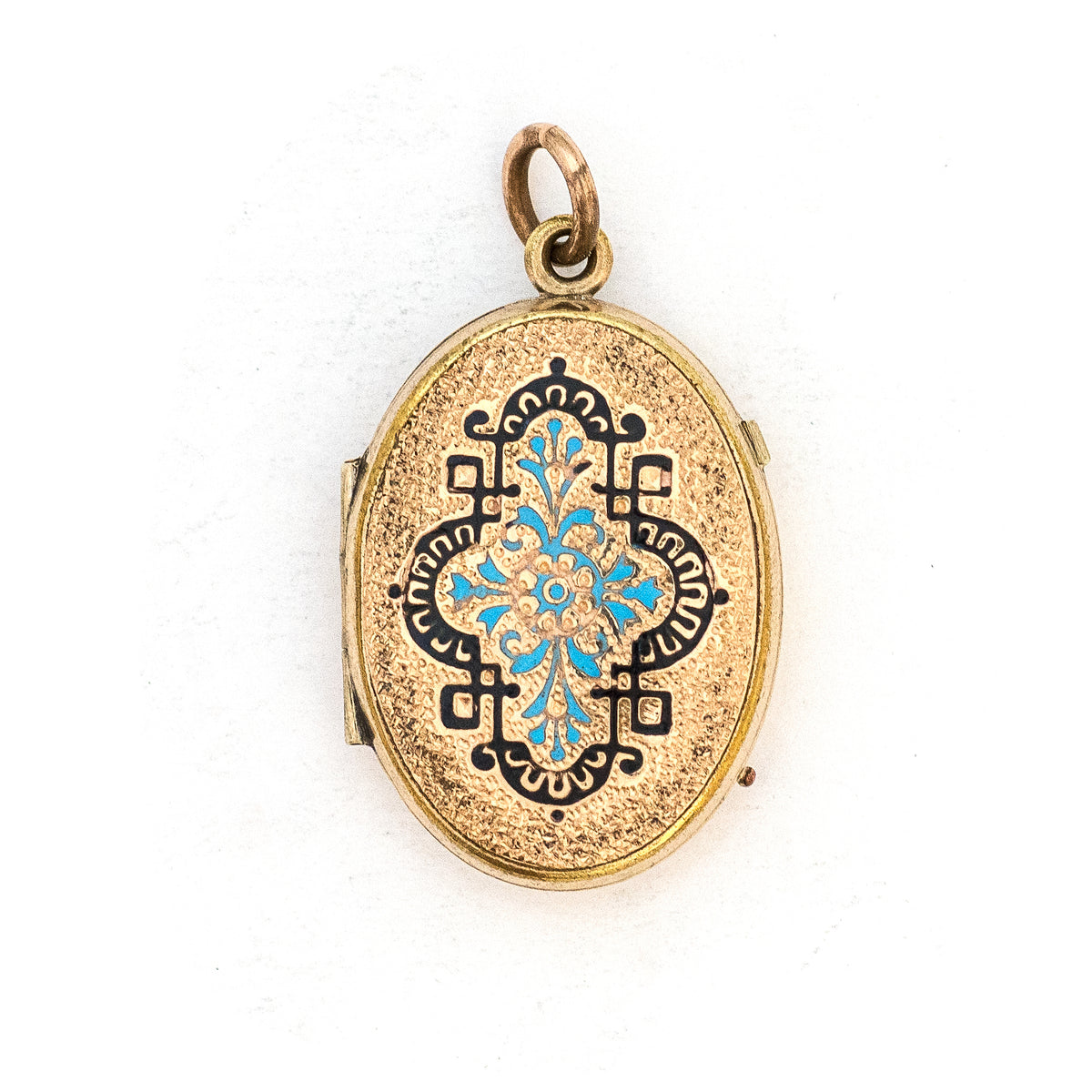 This oval locket features a gorgeous light blue and black enamel design with a finely textured background. It opens to hold two photos and pairs perfectly with one of our antique gold fill chains.  Front Locket View