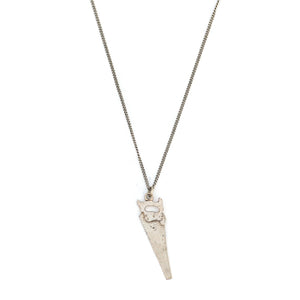 This unique saw charm is made of sterling silver and features intricate realistic details and the E.C. ATKINS & Co. Maker Mark, a prominent saw manufacturer out of Cleveland, OH, established in 1855. Paired with one of our antique silver chains, this saw charm can be worn both as a pendant or in a cluster of charms. Front Charm view, shown on chain