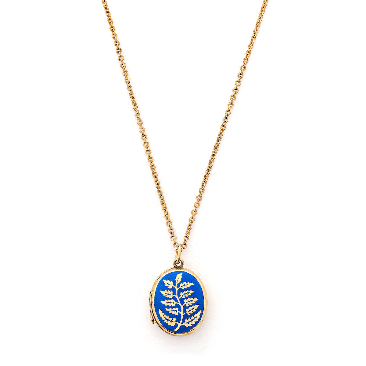 This gorgeous oval locket features periwinkle blue enamel as the backdrop to a climbing golden vine. It opens to hold two photos and pairs perfectly with one of our antique gold fill chains.  , front locket view