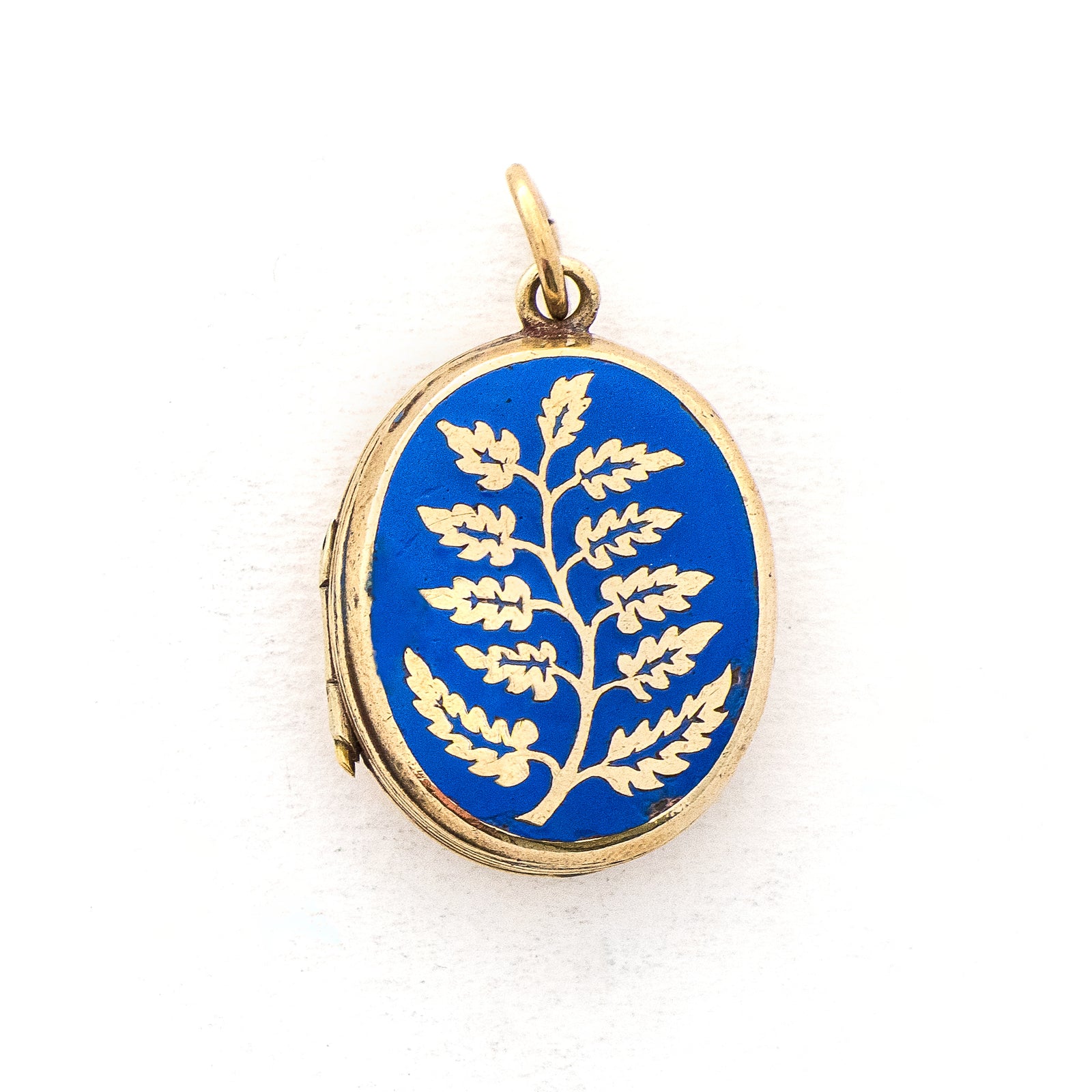 This gorgeous oval locket features periwinkle blue enamel as the backdrop to a climbing golden vine. It opens to hold two photos and pairs perfectly with one of our antique gold fill chains.  , front locket view