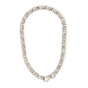 This statement making sterling silver antique book chain features finely engraved oval links, a treasure from the Victorian era. Wear this piece alone, with charms or a locket, or layered with other chains for a bold statement. Full necklace view