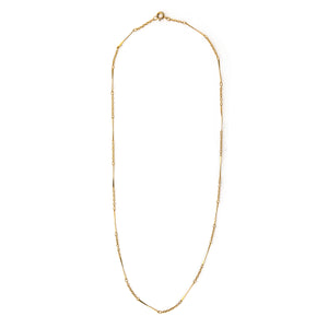 This gold fill vintage bar link chain features beautifully delicate bars and cable links in a pleasing pattern. Each bar has a slight twist which makes it even more eye catching. Wear this piece alone, with charms or a locket, or layered with other chains for a bold statement. Full necklace view