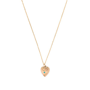 This petite heart shaped charm features turquoise at its center with a raised relief off center design around the edges. "Mother" is lovingly hand-engraved on the back in perfect calligraphy. This meaningful gift for mom pairs perfectly with one of our antique chains. Front charm view, shown on chain