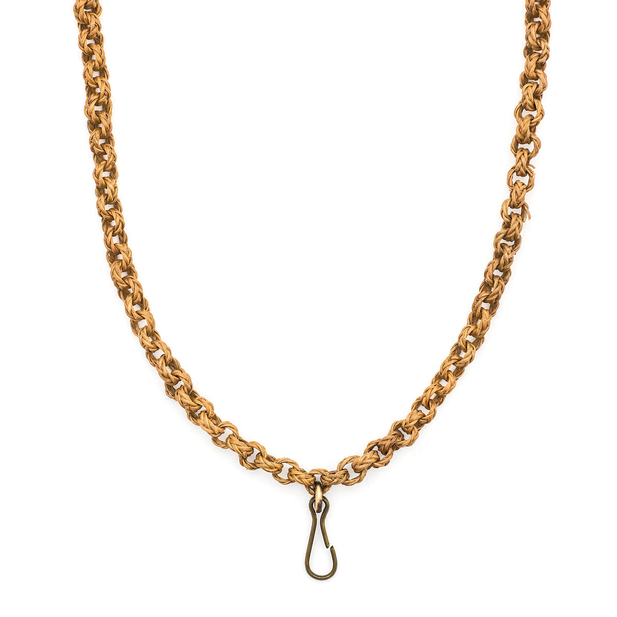 This unusual watch chain is made of finely woven rattan links creating a three dimensional cable style chain, complete with a T bar and hook clasp. Measuring at a very wearable 24" long, you can wear this chain layered with other pieces or alone paired with one of our antique gold fill lockets or charms. Close up view, showing hook clasp