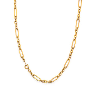 This 12K gold fill vintage chain features prominent links in the long and short style. Measuring 24" long, you can wear this chain layered with other pieces, paired with one of our antique gold fill lockets or simply on its own. Close up chain view