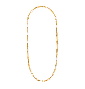 This 12K gold fill vintage chain features prominent links in the long and short style. Measuring 24" long, you can wear this chain layered with other pieces, paired with one of our antique gold fill lockets or simply on its own. Full chain view