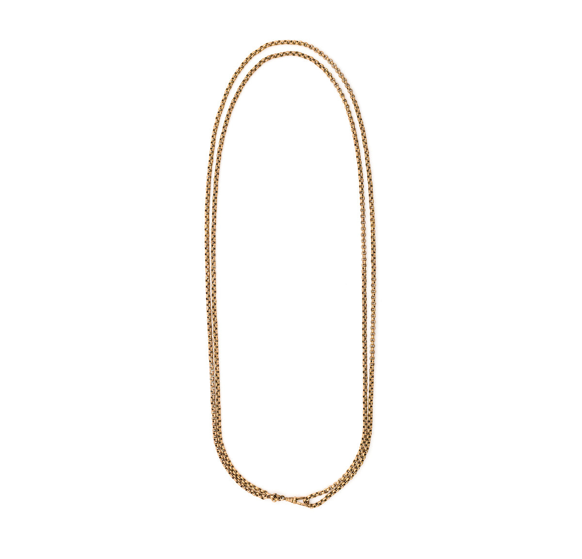 This Pinchbeck antique watch chain features ever so slightly textured circular links, creating a light catching cable style chain, complete with a watch chain clasp. Full chain view