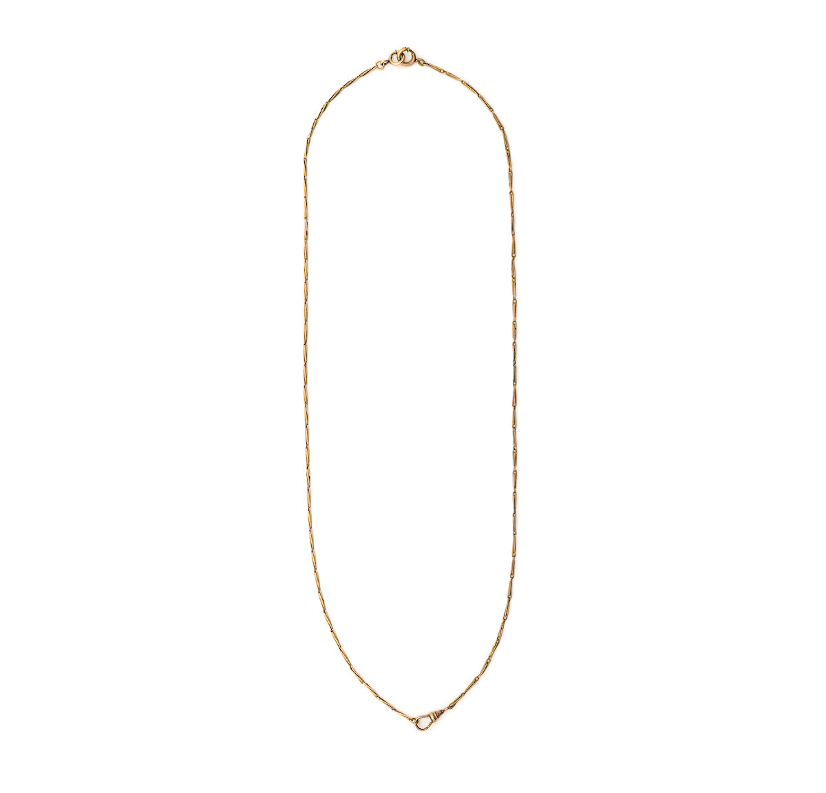 This antique gold fill bar link chain is made up of 2 watch chains to create an ideal 26" length and compliment each other perfectly. Paired with one of our antique lockets or on its own, this chain is a classic. Full chain view