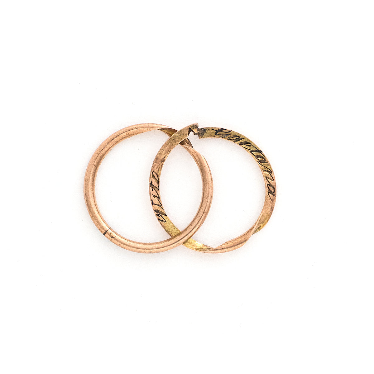 This rare 9K gold split ring breaks apart to reveal a secret message from the past inside. It can be worn as a ring, or is ideal to hang a group of charms or fobs from. The names "Gaetana" and "Vito" and the date "23-4-1922" are lovingly inscribed inside. A unique treasure for any collection! Open ring view