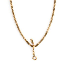 This luxurious gold fill antique watch chain features a three dimensional mesh weave, a watch chain clasp and an additional sliding filigree charm or locket extension clasp. Measuring 18" long, this princess length chain is extremely wearable with any neckline. A true staple for any jewelry collection! Close up view, showing charm extention