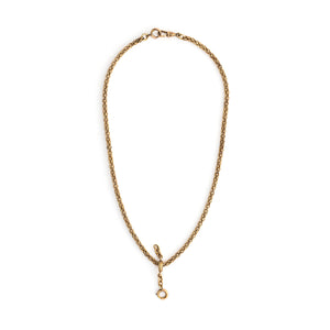 This luxurious gold fill antique watch chain features a three dimensional mesh weave, a watch chain clasp and an additional sliding filigree charm or locket extension clasp. Measuring 18" long, this princess length chain is extremely wearable with any neckline. A true staple for any jewelry collection! Full chain view