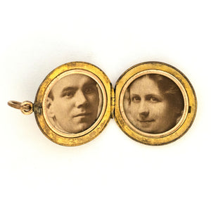 Eagle's Crown Antique Locket, gold fill antique locket with white Victorian paste stones, open locket view, shows original frames, perfect for holding pictures and photos