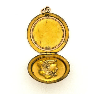 Cameo Lady Antique  Locket,  Womens profile, gold fill locket with white victorian paste stones, open locket view, shows original frame, which hold photos or pictures