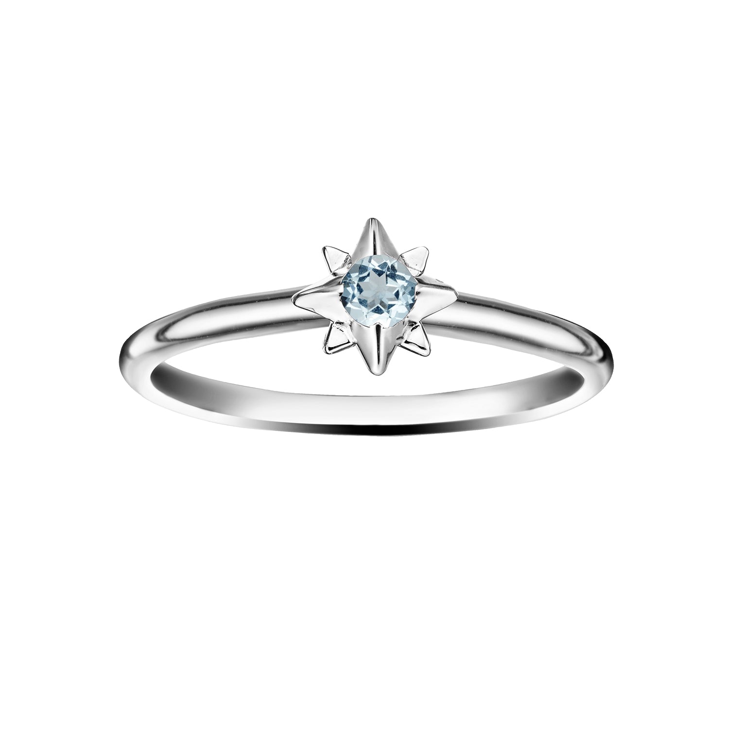 Polished Silver Starburst Stacking Birthstone Rings - Sterling Silver - March / Aquamarine