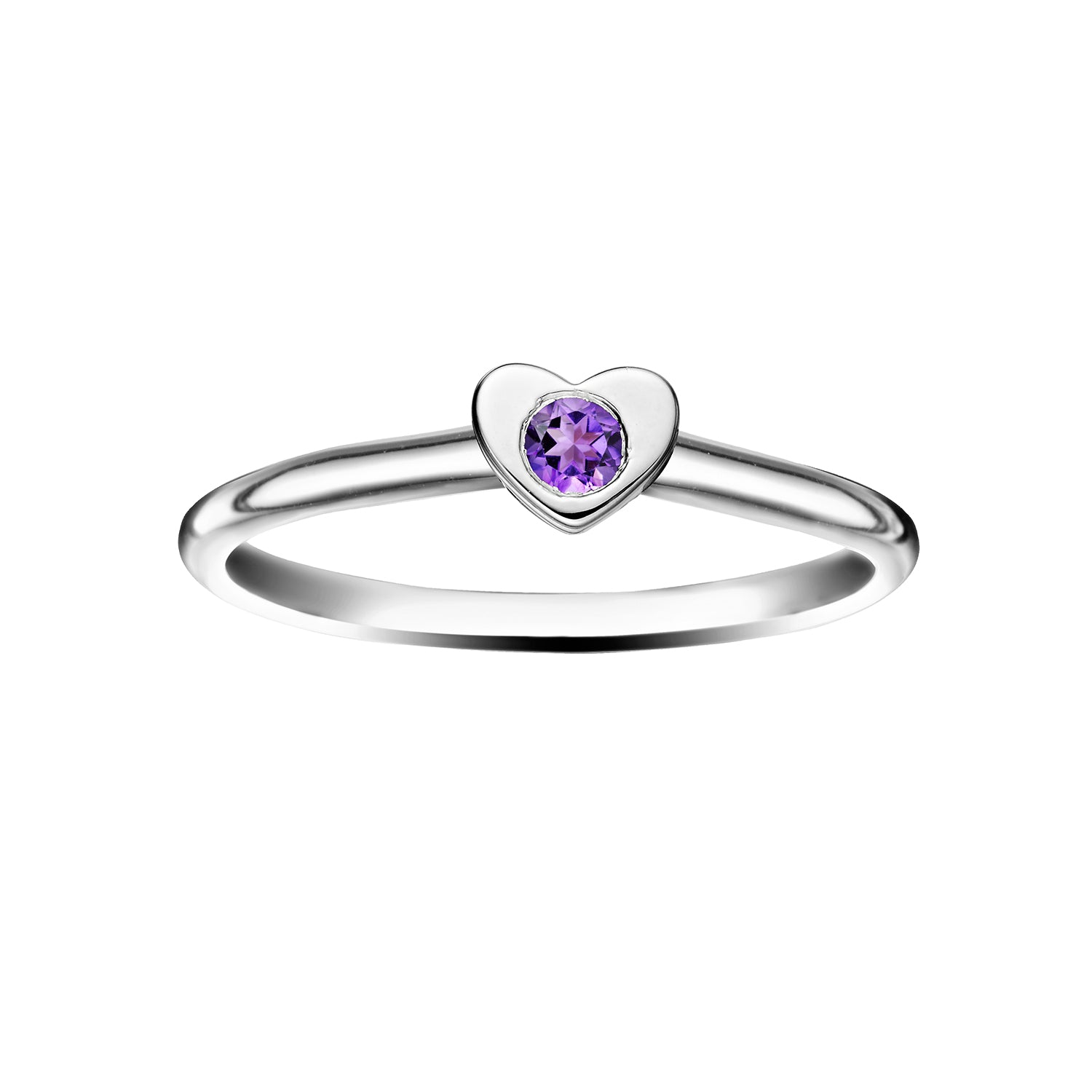 Polished Silver Heart Stacking Birthstone Rings - February / Amethyst