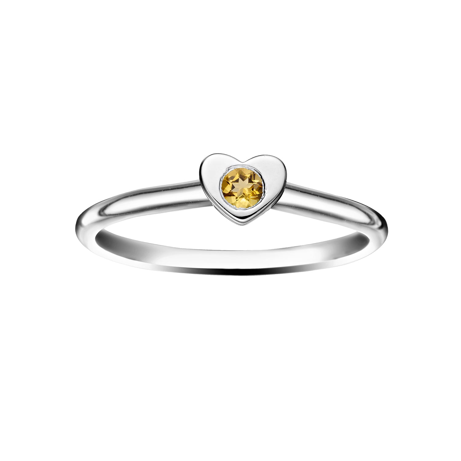 Polished Silver Heart Stacking Birthstone Rings - November / Citrine